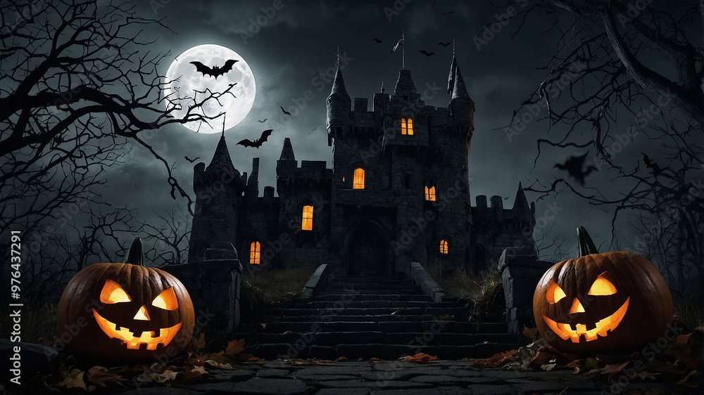 A spooky castle looms under a full moon, with glowing jack-o'-lanterns leading the way up a stone path. Bats fly across the dark sky A spooky castle looms under a full moon, with glowing jack-o'-lanterns leading the way up a stone path. Bats fly across the dark sky