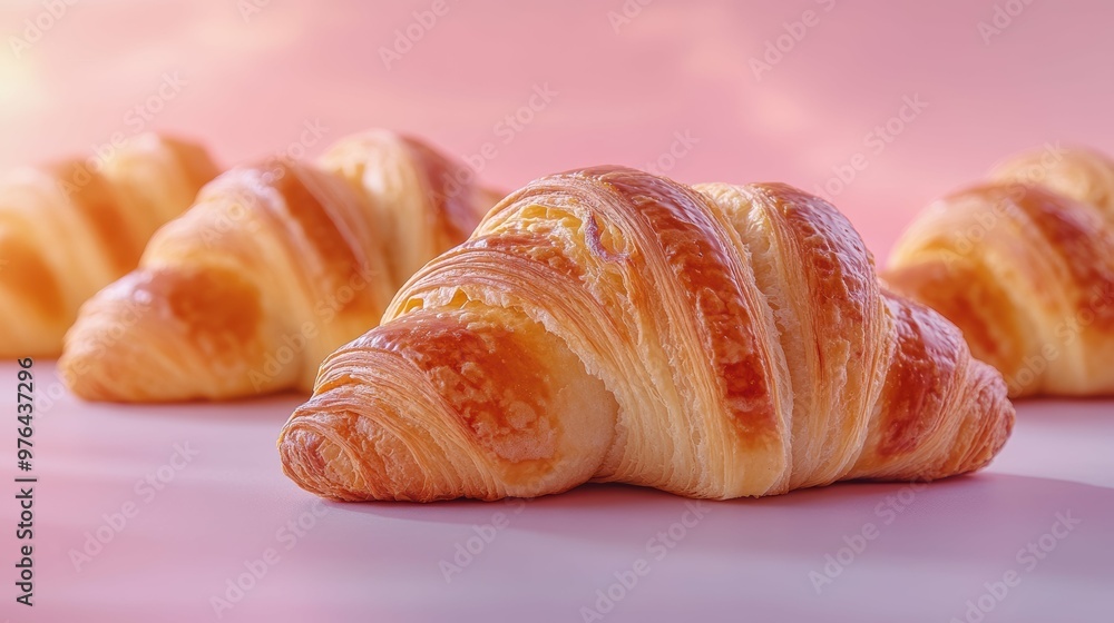 Freshly baked flaky croissants presented in a simple minimalist setting with a soft pastel gradient Freshly baked flaky croissants presented in a simple minimalist setting with a soft pastel gradient