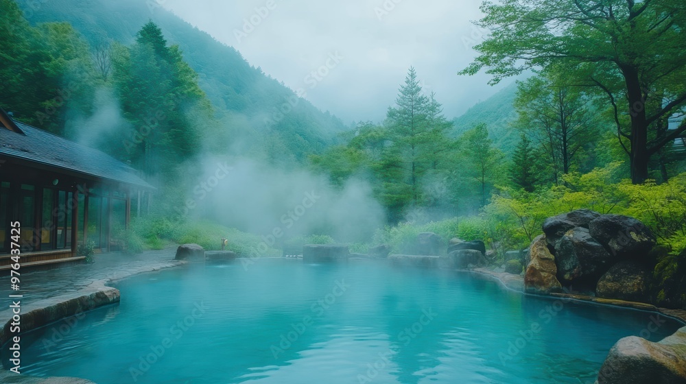 Serene Retreat: Steaming Turquoise Onsen Hot Spring in Forested Valley Serene Retreat: Steaming Turquoise Onsen Hot Spring in Forested Valley