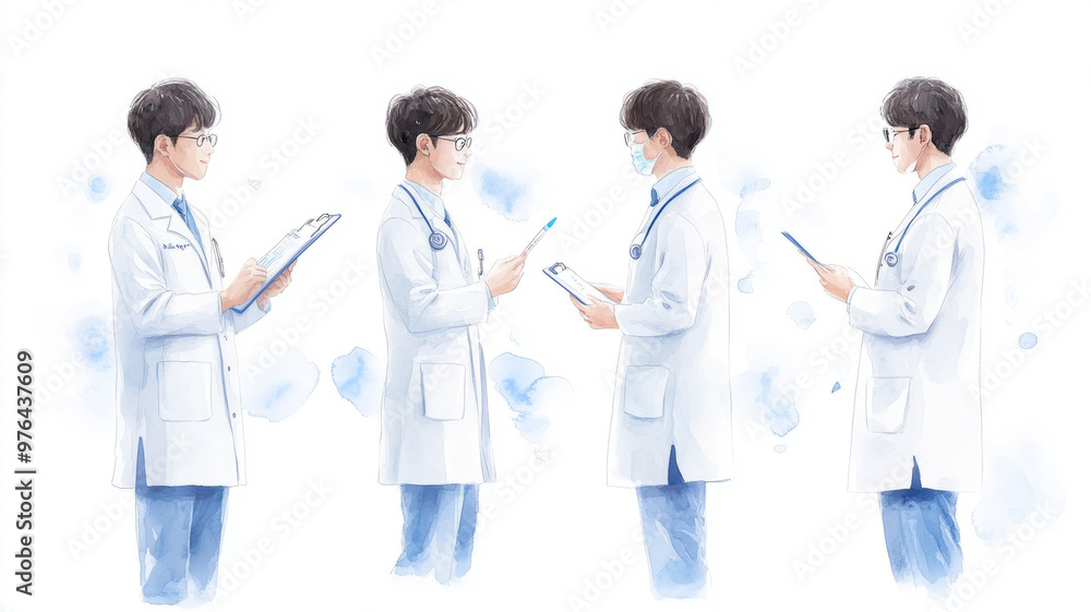 a set of doctor doing different activities, watercolour, sheet tournaround, white background a set of doctor doing different activities, watercolour, sheet tournaround, white background
