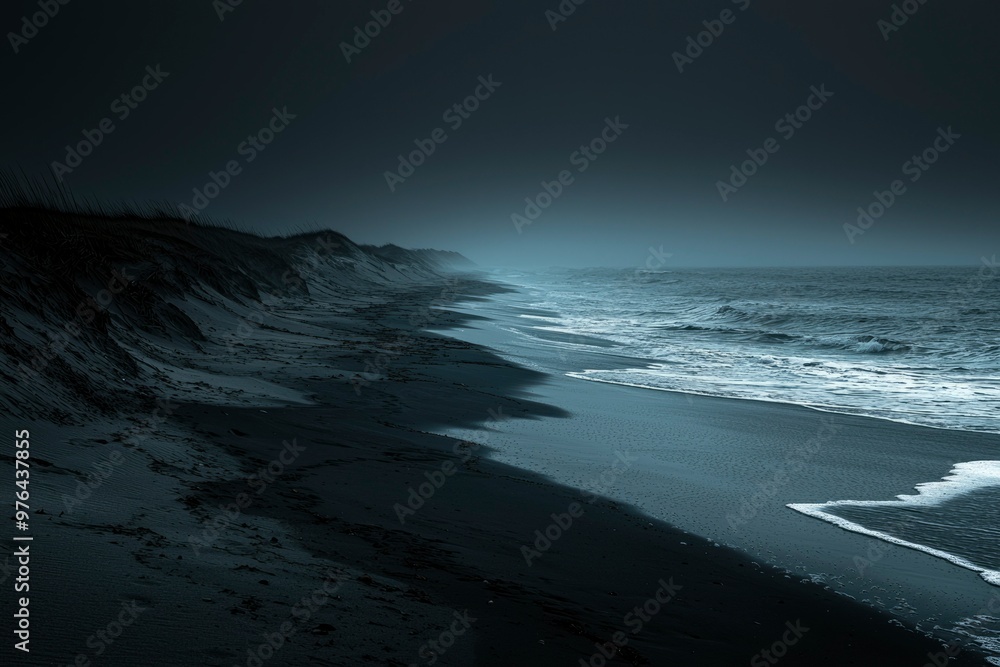 Dark, Moody Seascape with Rolling Waves and a Sandy Shore Dark, Moody Seascape with Rolling Waves and a Sandy Shore