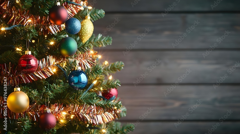 Christmas Tree with Ornaments and Lights on Wood Background Christmas Tree with Ornaments and Lights on Wood Background