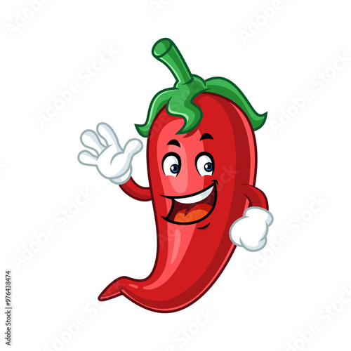 Cartoon red chili pepper with smiling face waving hello, isolated on white background.