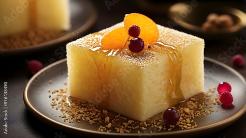 Luxurious Traditional Lebanese Namoura Dessert with Golden Caramelized Top and Sweet Syrup photo