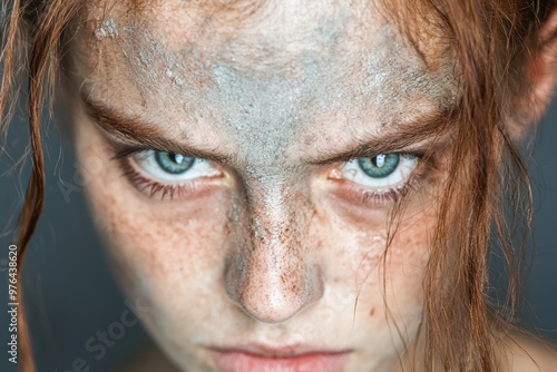 intense gaze of a young woman with freckles