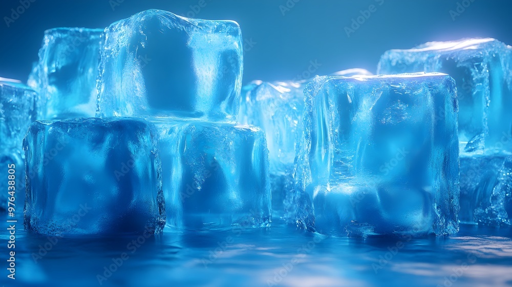 Frozen ice cubes shimmer on top of the blue background image Frozen ice cubes shimmer on top of the blue background image