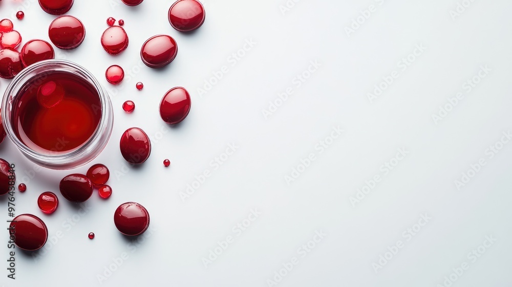Red liquid droplets with small container on white surface Red liquid droplets with small container on white surface