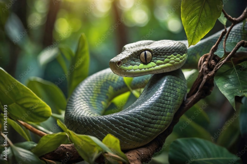 Snake Coiled on a Jungle Branch: A sleek green tree python coiled gracefully around a thick jungle branch, its vibrant scales blending with the surrounding leaves. Snake Coiled on a Jungle Branch: A sleek green tree python coiled gracefully around a thick jungle branch, its vibrant scales blending with the surrounding leaves.