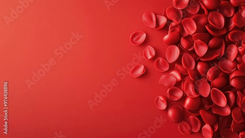 Red and vibrant rose petals scattered on smooth surface