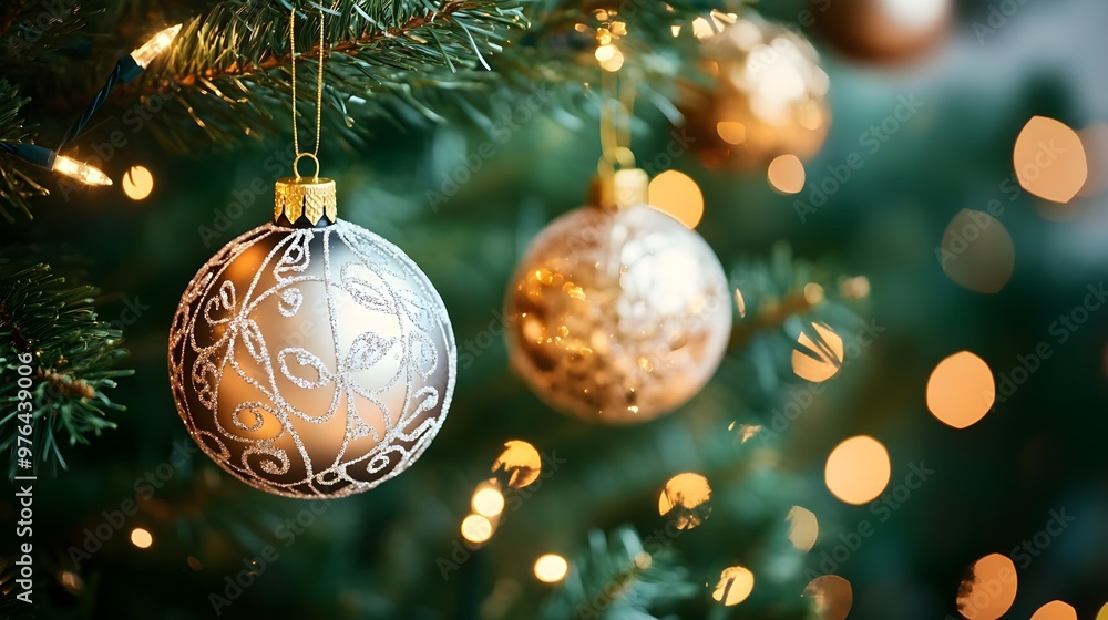 Festive Christmas Ornament Closeup on Green Tree Festive Christmas Ornament Closeup on Green Tree