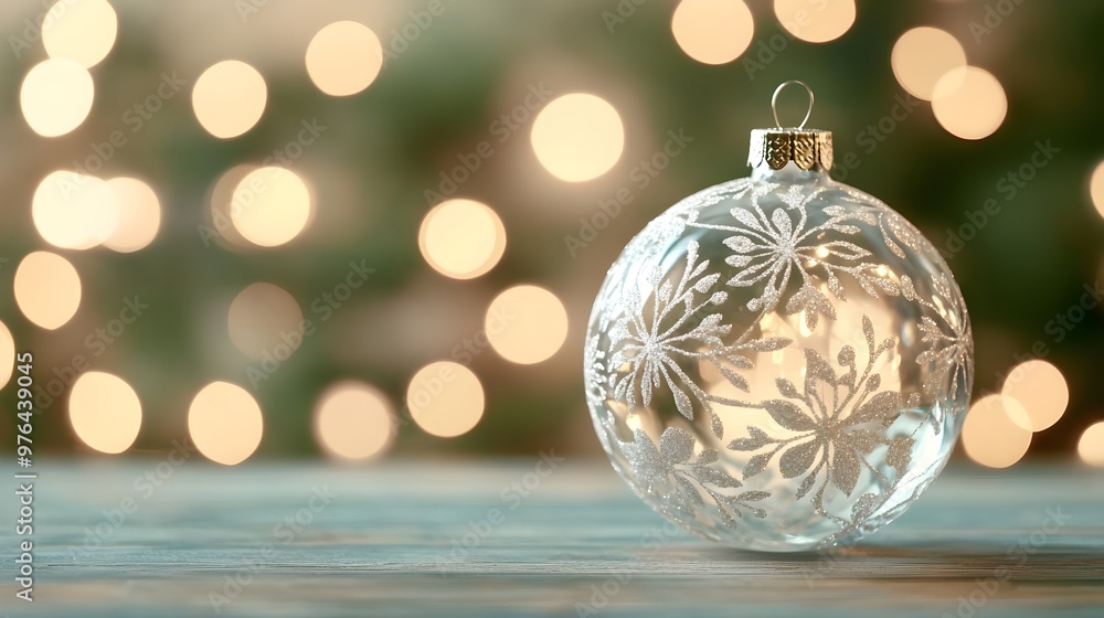 Festive Christmas Ornament on Table with Bokeh Lights Festive Christmas Ornament on Table with Bokeh Lights