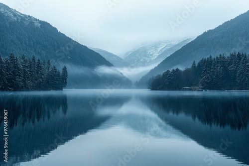 Misty Mountain Lake with Snow-Covered Trees and a Reflection