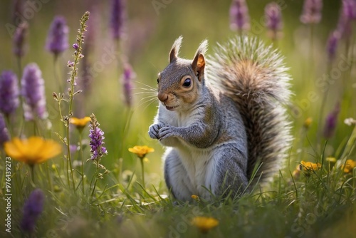 Squirrel in a Flower-filled Meadow: A small gray squirrel standing on its hind legs in a bright, colorful meadow filled with wildflowers. photo