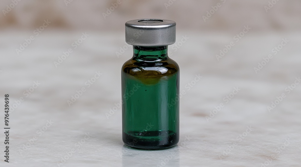 green medical vial on a reflective surface green medical vial on a reflective surface