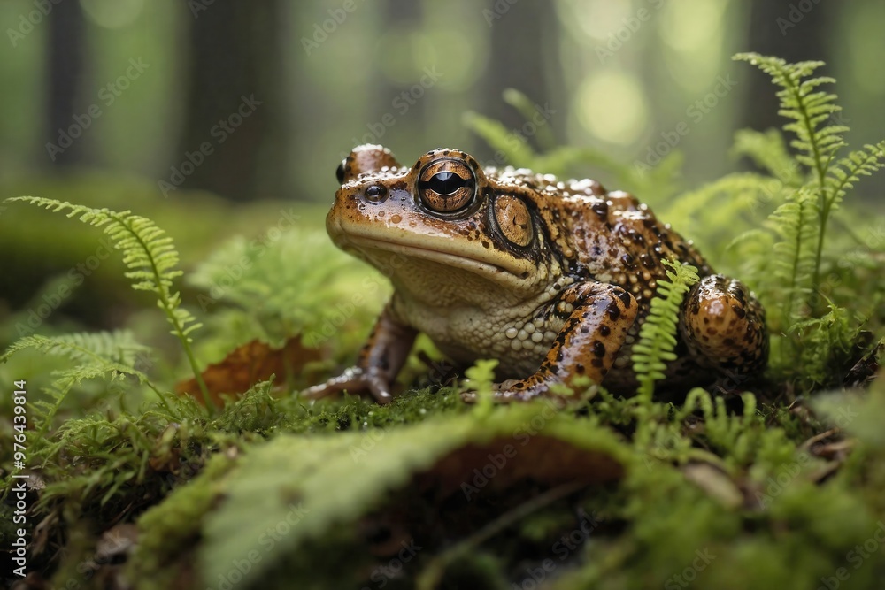 Toad in a Mossy Forest Clearing: A small, earthy-colored toad sitting atop a lush, green bed of moss in a quiet forest clearing. Toad in a Mossy Forest Clearing: A small, earthy-colored toad sitting atop a lush, green bed of moss in a quiet forest clearing.