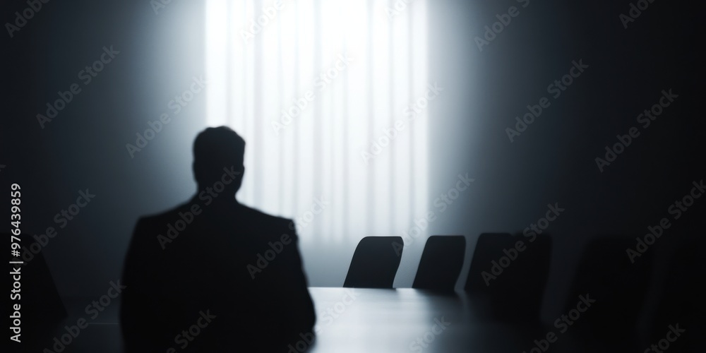 A silhouetted individual sits in a shadowy conference room, with light streaming in through a window, presenting a mysterious and contemplative atmosphere. A silhouetted individual sits in a shadowy conference room, with light streaming in through a window, presenting a mysterious and contemplative atmosphere.