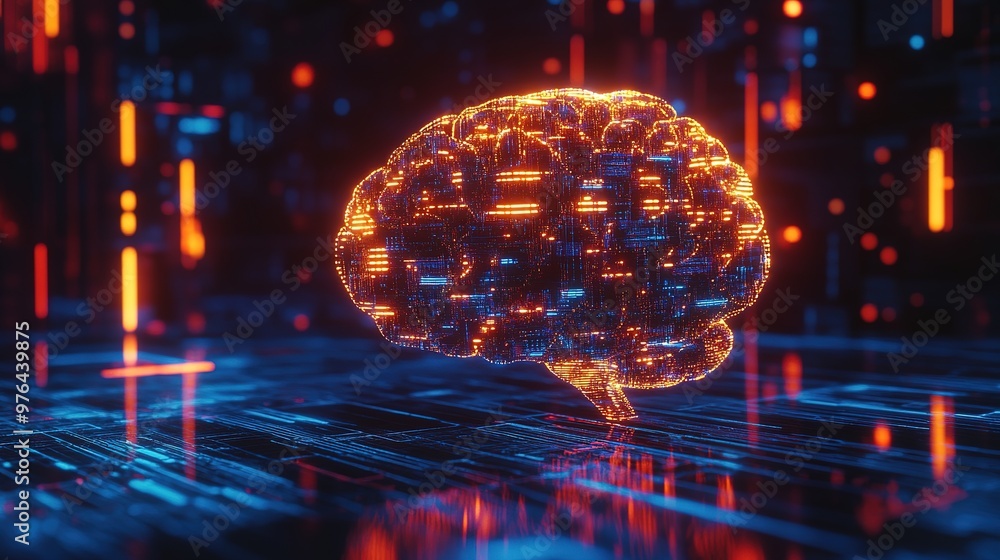 3D render of an AI brain with floating data points and futuristic holographic elements 3D render of an AI brain with floating data points and futuristic holographic elements