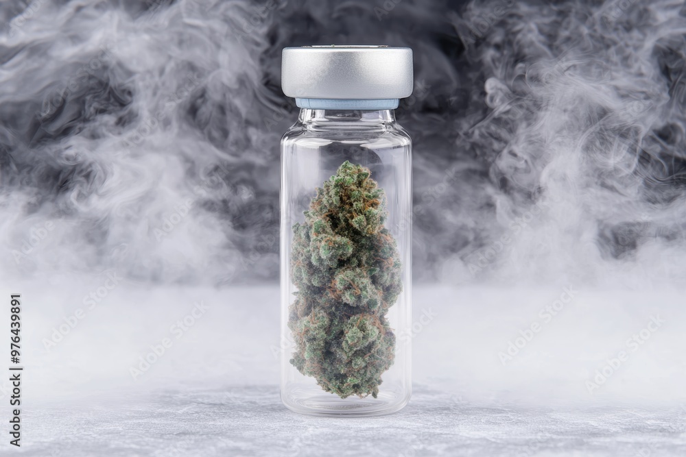 cannabis bud in glass jar with smoke cannabis bud in glass jar with smoke