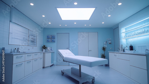 a doctor's examination room, clean crisp lighting, light blue and white --no windows, chairs, monitors