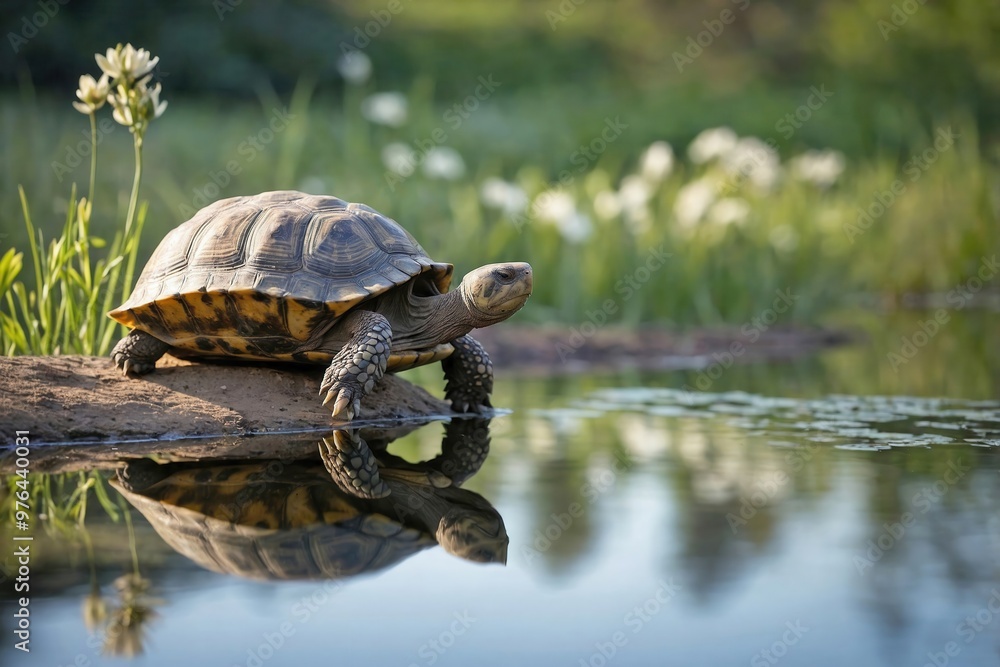 Obraz premium Tortoise by a Peaceful Pond: A small tortoise sitting on the edge of a peaceful pond in a meadow.