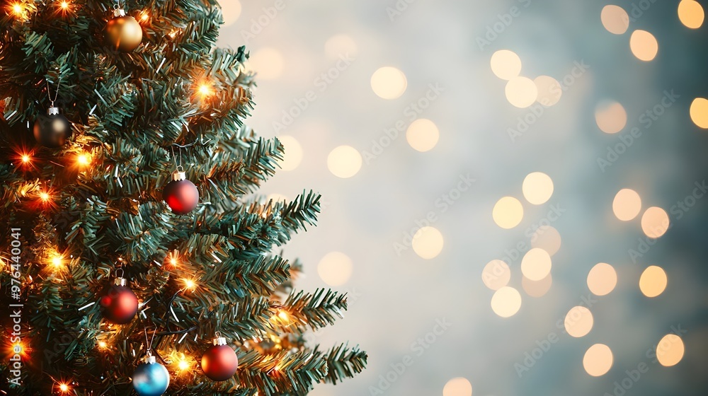 Festive Christmas Tree with Bokeh Lights and Ornaments Festive Christmas Tree with Bokeh Lights and Ornaments