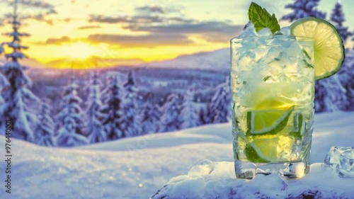 Glass of lemonade on snow with landscape background