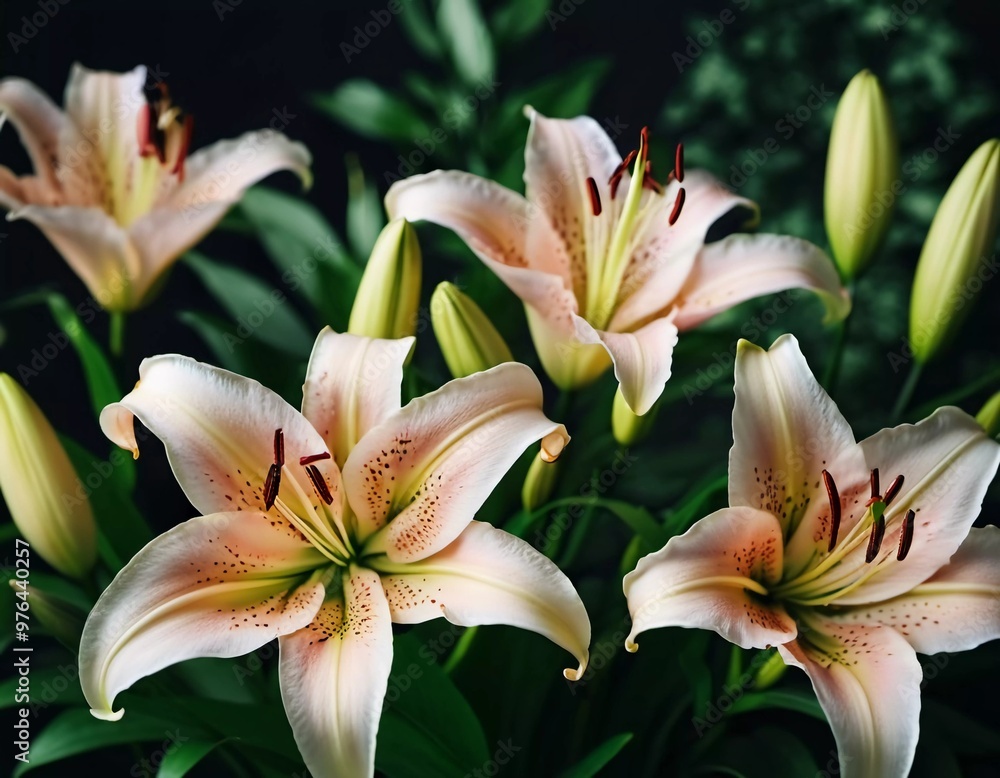 Fototapeta premium A cluster of white lilies is beautifully arranged, highlighting intricate patterns on petals. The dark background enhances their elegance and vibrancy, creating a striking composition. Generative AI