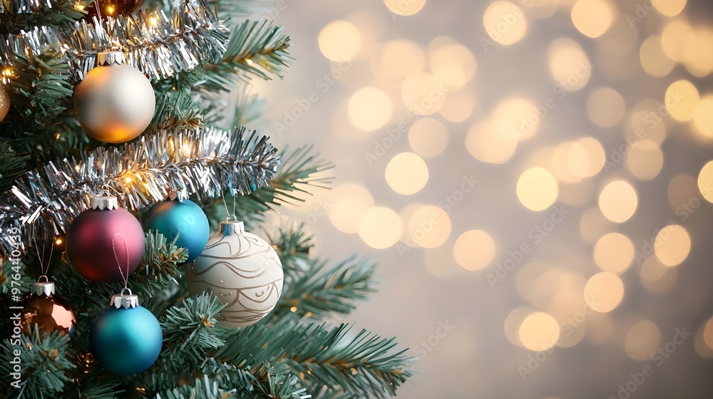 Festive Christmas Tree with Ornaments and Bokeh Lights Festive Christmas Tree with Ornaments and Bokeh Lights