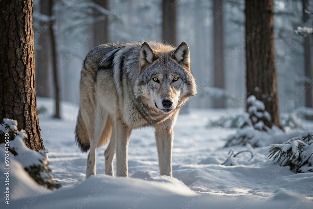 Lone Wolf in Snow-Covered Forest: A majestic gray wolf standing on a snow-covered ridge in the middle of a dense, wintery forest. Lone Wolf in Snow-Covered Forest: A majestic gray wolf standing on a snow-covered ridge in the middle of a dense, wintery forest.