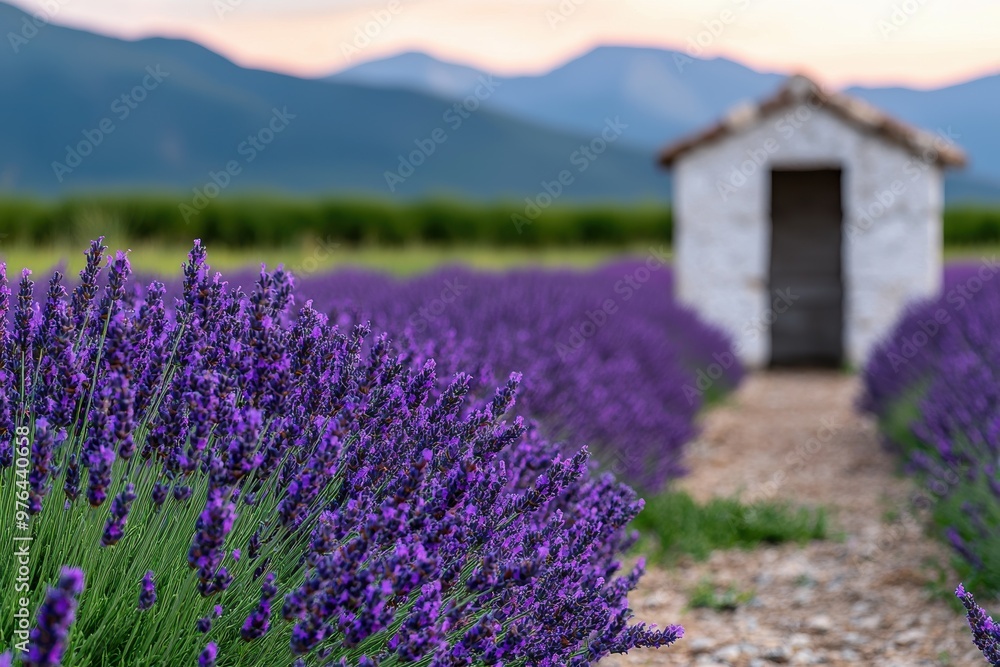 Obraz premium Lavender field with white cottage at sunset