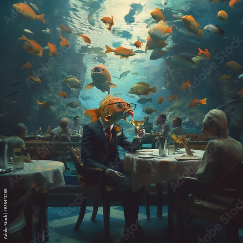 Surreal scene in a cafe. There are two people at the table, one with the head of a fish. There are many fish above them. A sense of unreality and absurdity. High quality photo photo