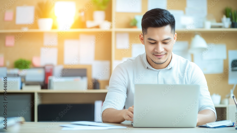 Focused young man working online at desk with laptop, surrounded by office supplies and warm atmosphere.. Focused young man working online at desk with laptop, surrounded by office supplies and warm atmosphere..