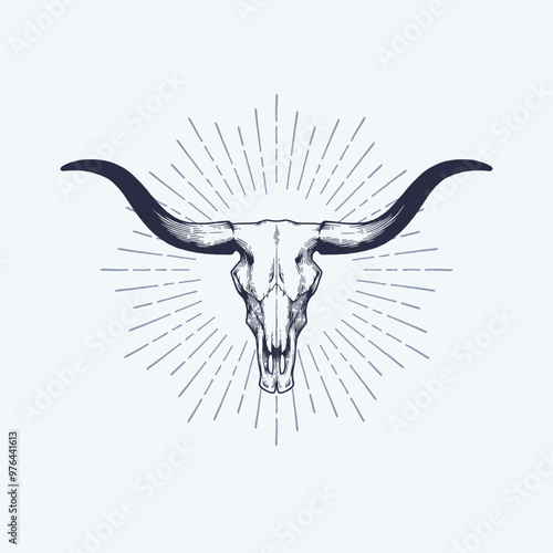 Texas longhorn skull vector illustration. Country western bull cattle hand drawn vintage logo design.