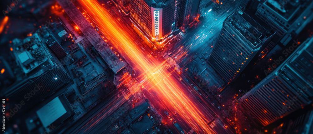 Fototapeta premium A vibrant cityscape at night showcasing illuminated streets and buildings.