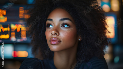 thoughtful young woman with afro looking up in a dark room with bright neon lights in the background