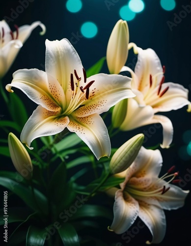 A cluster of white lilies is beautifully arranged, highlighting intricate patterns on petals. The dark background enhances their elegance and vibrancy, creating a striking composition. Generative AI