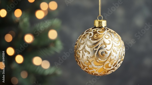 Gold Christmas Ornament Hanging with Bokeh Lights