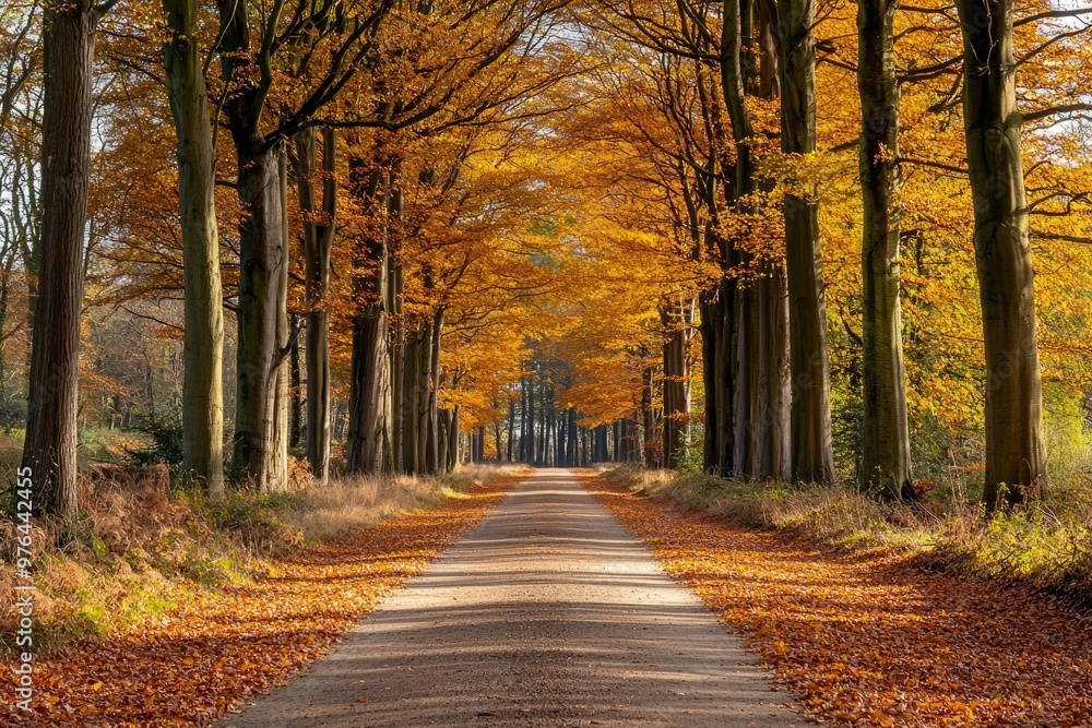 Naklejka premium A Dirt Road Through a Canopy of Golden Autumn Leaves