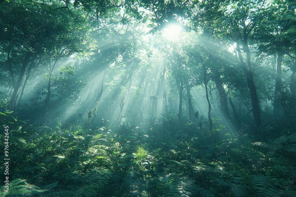 Sunbeams Piercing Through Dense Fog in a Lush, Green Forest Sunbeams Piercing Through Dense Fog in a Lush, Green Forest