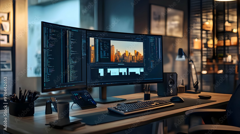 Naklejka premium Modern Home Office Setup with Dual Monitors and Cityscape View Realistic Image