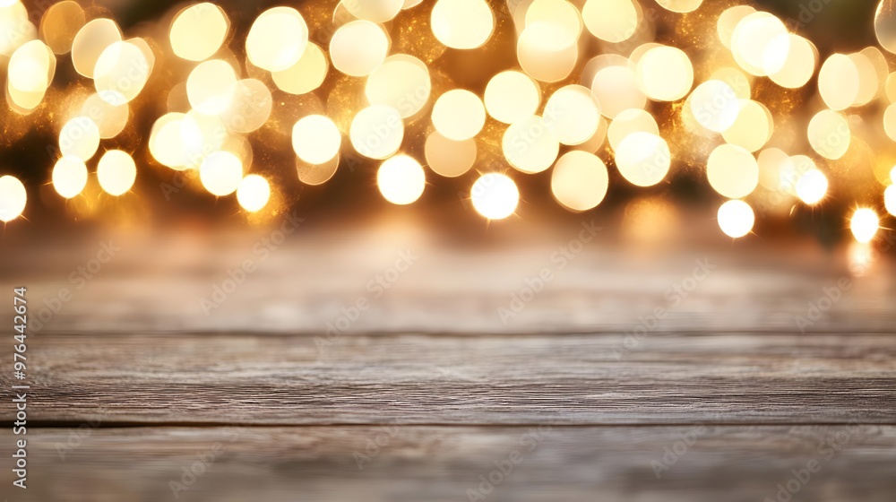 Golden Bokeh Lights on Rustic Wooden Background Golden Bokeh Lights on Rustic Wooden Background