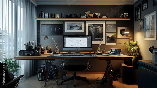 Modern Minimalist Home Office Design with a Desk, Computer, and Bookshelf - 3D Illustration