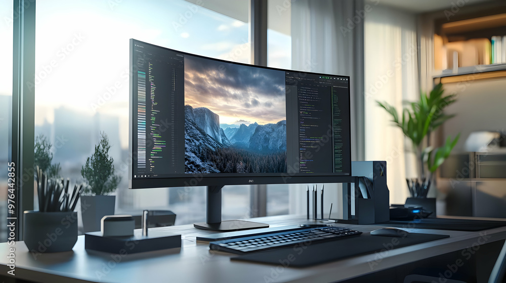 Fototapeta premium Modern Home Office Workspace with Curved Monitor and Mountain View Illustration