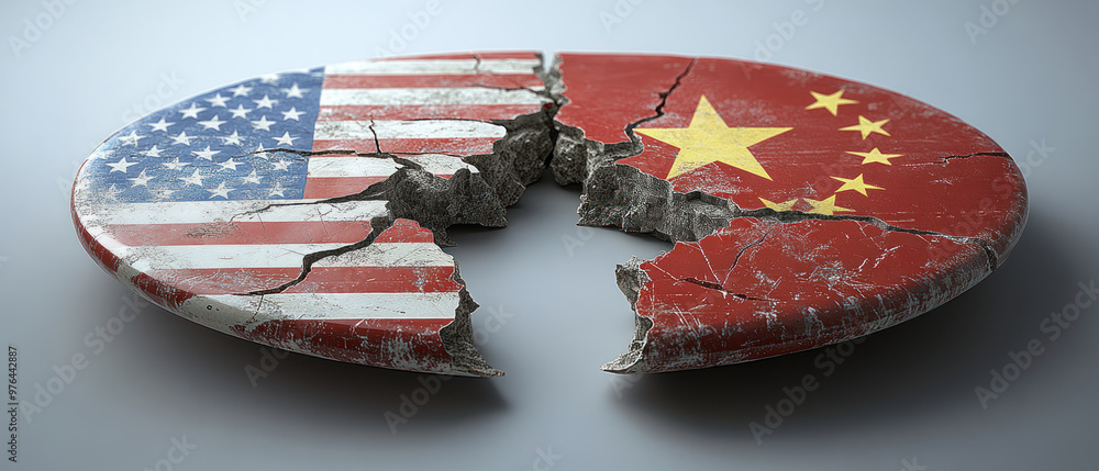 Fototapeta premium A cracked porcelain plate symbolizes tension between USA and China, evoking strong emotions.