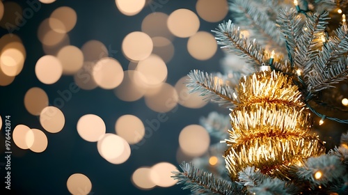 Golden Christmas Ornament on Christmas Tree with Bokeh Lights
