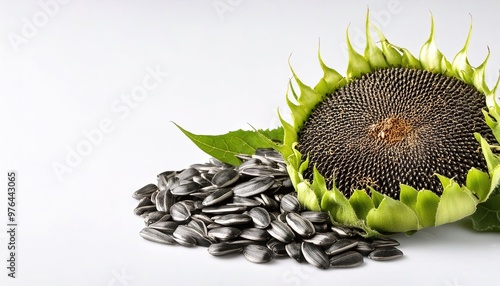 Black oil sunflower seeds come from a cultivar of the plant Helianthus annuus, an annual crop, used primarily for making cooking oil and as wild bird food. Isolated on white background with copy space