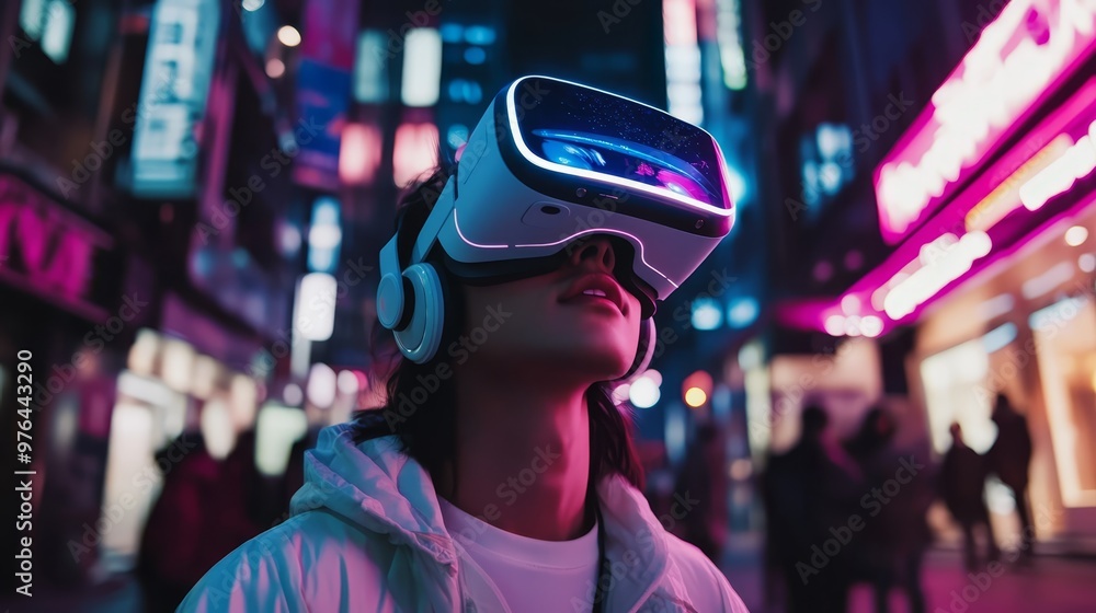 Woman Wearing VR Headset in Neon Lit City Woman Wearing VR Headset in Neon Lit City