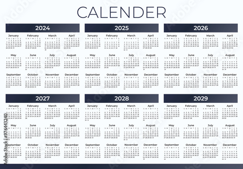 6 Years Calendar 2024, 2025, 2026, 2027, 2028, 2029 Vector Calendar Collection 