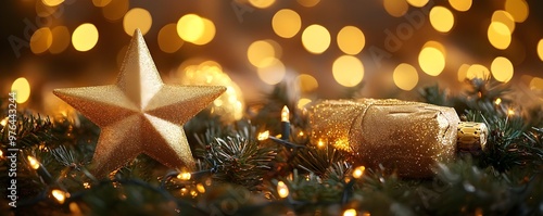 Golden Christmas Star and Ornament on Green Tree