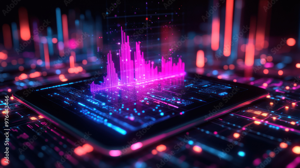 A futuristic concept of holographic data visualization on tablet, showcasing vibrant pink and blue colors.. A futuristic concept of holographic data visualization on tablet, showcasing vibrant pink and blue colors..